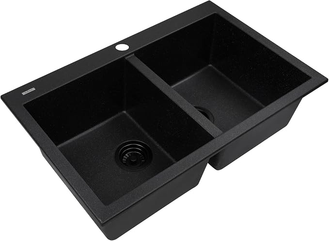 Zuhnë Rialto 31 Black Granite Composite Kitchen Sink, Dual Mount Undermount Drop-In Double Bowl, Matte Black, Quick Drain Dry Tech, Cutting Board, 31 x 20 in