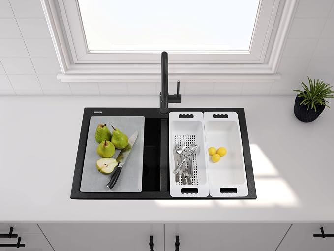 Zuhnë Rialto 31 Black Granite Composite Kitchen Sink, Dual Mount Undermount Drop-In Double Bowl, Matte Black, Quick Drain Dry Tech, Cutting Board, 31 x 20 in