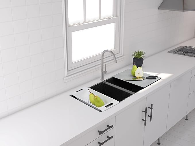 Zuhnë Rialto 31 Black Granite Composite Kitchen Sink, Dual Mount Undermount Drop-In Double Bowl, Matte Black, Quick Drain Dry Tech, Cutting Board, 31 x 20 in