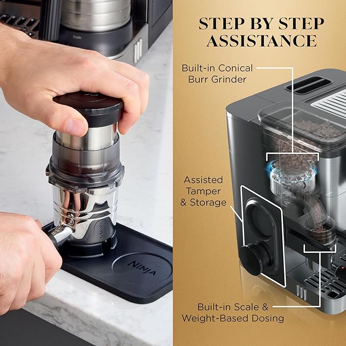 Ninja Luxe Café Premier 3-in-1 Espresso Machine, Drip Coffee, & Cold Brew Built-in Grinder, Hands-Free Milk Frother, and Assisted Tamper for Cappuccinos & Lattes, Stainless Steel, ES601