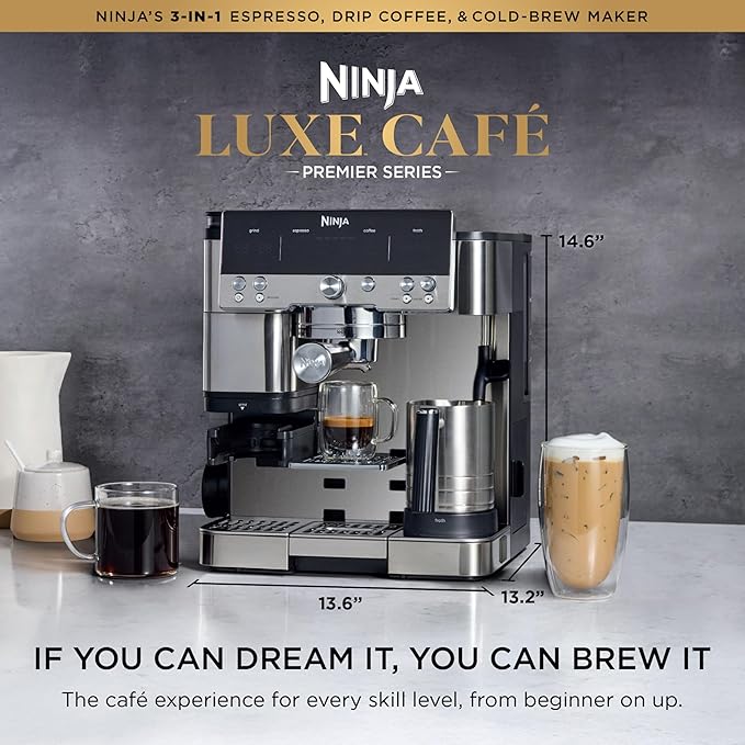 Ninja Luxe Café Premier 3-in-1 Espresso Machine, Drip Coffee, & Cold Brew Built-in Grinder, Hands-Free Milk Frother, and Assisted Tamper for Cappuccinos & Lattes, Stainless Steel, ES601