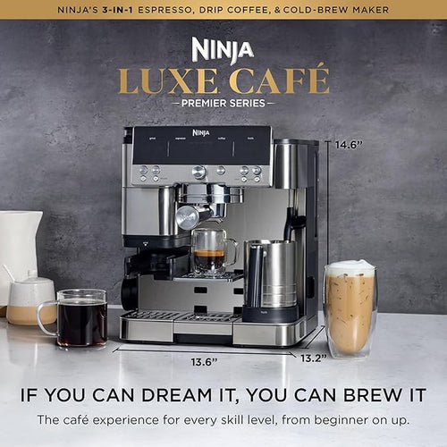 Ninja Luxe Café Premier 3-in-1 Espresso Machine, Drip Coffee, & Cold Brew Built-in Grinder, Hands-Free Milk Frother, and Assisted Tamper for Cappuccinos & Lattes, Stainless Steel, ES601
