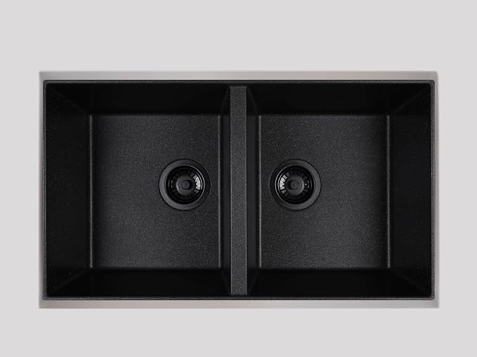 Zuhnë Rialto 31 Black Granite Composite Kitchen Sink, Dual Mount Undermount Drop-In Double Bowl, Matte Black, Quick Drain Dry Tech, Cutting Board, 31 x 20 in