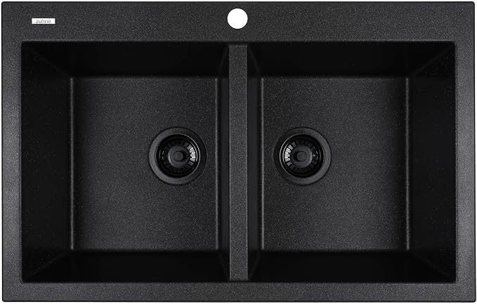 Zuhnë Rialto 31 Black Granite Composite Kitchen Sink, Dual Mount Undermount Drop-In Double Bowl, Matte Black, Quick Drain Dry Tech, Cutting Board, 31 x 20 in