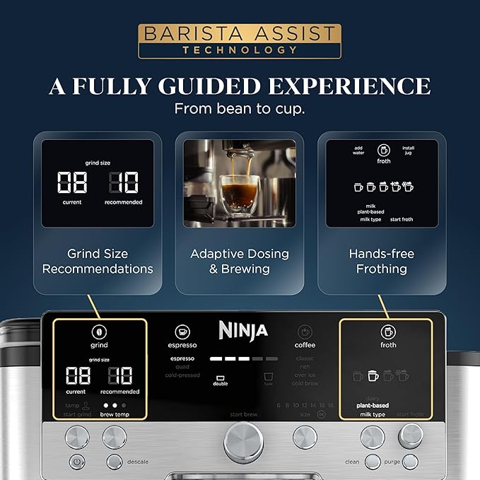Ninja Luxe Café Premier 3-in-1 Espresso Machine, Drip Coffee, & Cold Brew Built-in Grinder, Hands-Free Milk Frother, and Assisted Tamper for Cappuccinos & Lattes, Stainless Steel, ES601